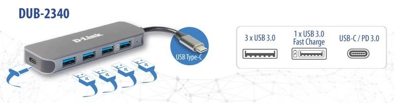 D-Link USB-C HUB TO 4 USB 3.0 PORTS - Kabel