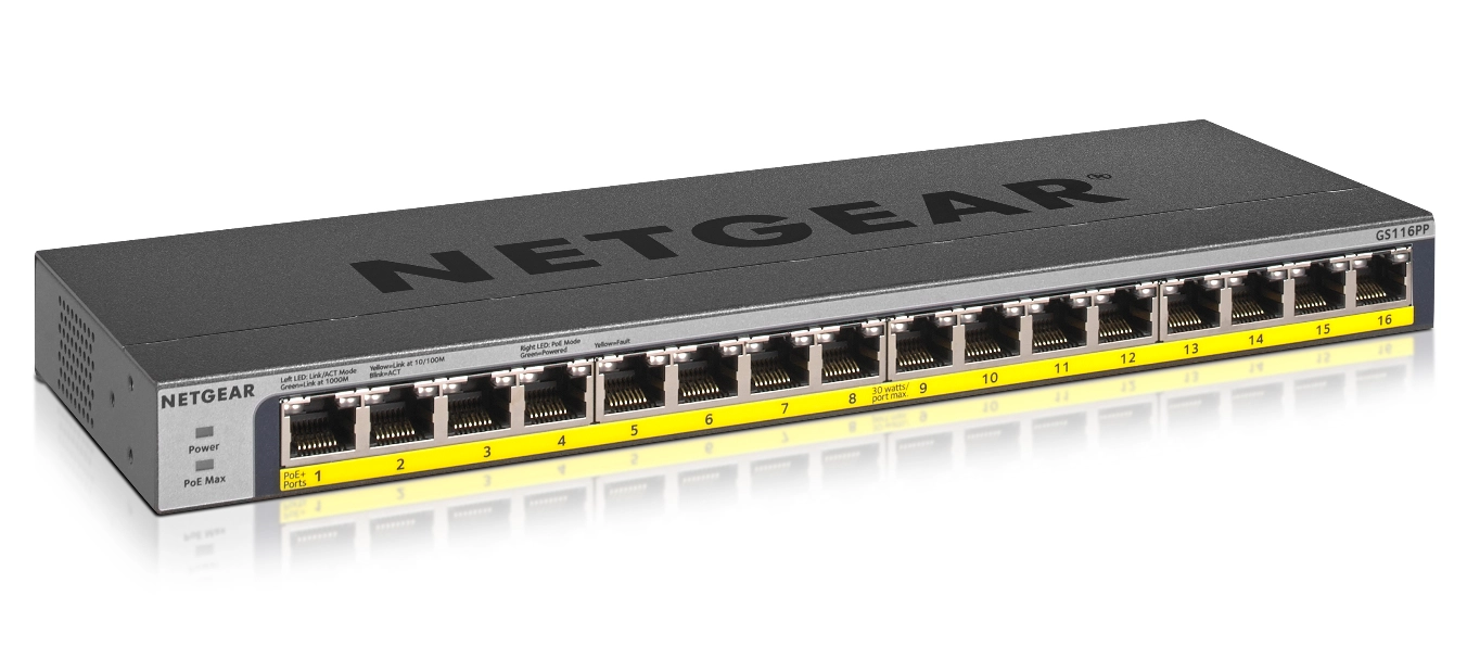 Netgear GS116PP - Unmanaged - Gigabit Ethernet (10/100/1000) - Power over Ethernet (PoE) - Rack-Einbau