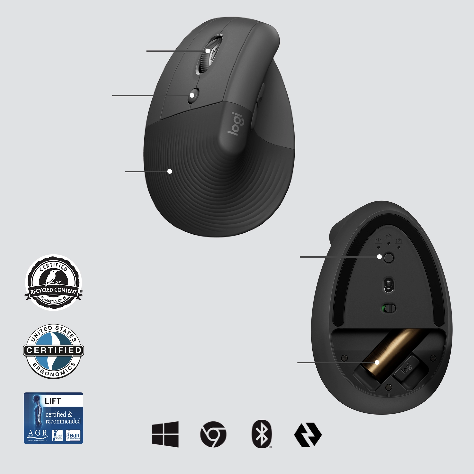 Logitech Lift for Business - Vertikale Maus - ergonomisch - für Linkshänder