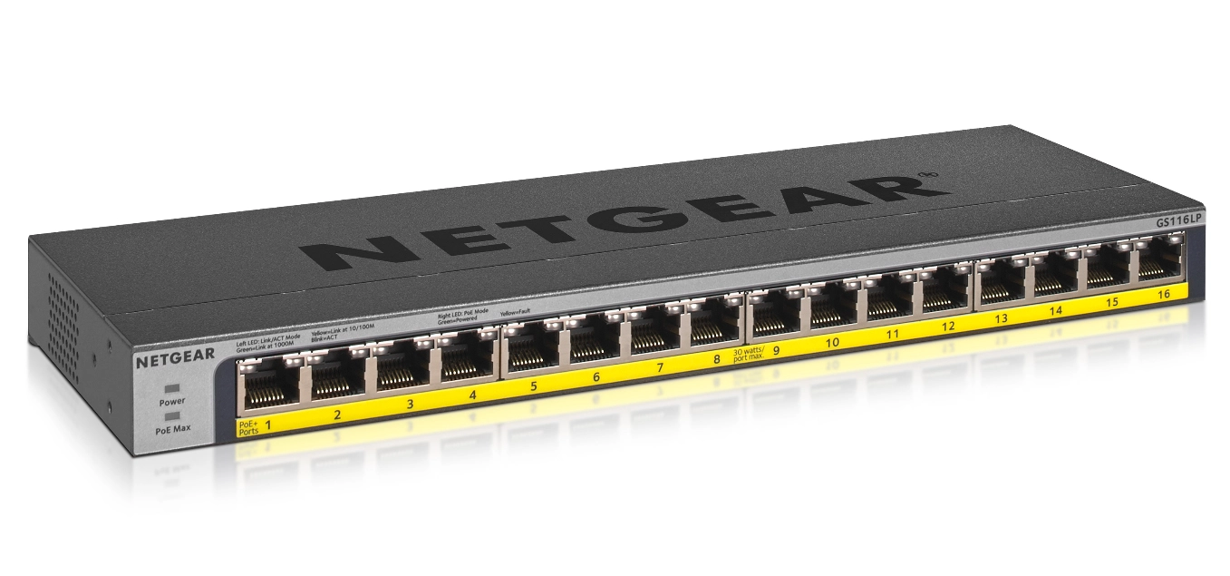 Netgear GS116LP Unmanaged Gigabit Ethernet (10/100/1000) Schwarz Power over Ethernet (PoE)